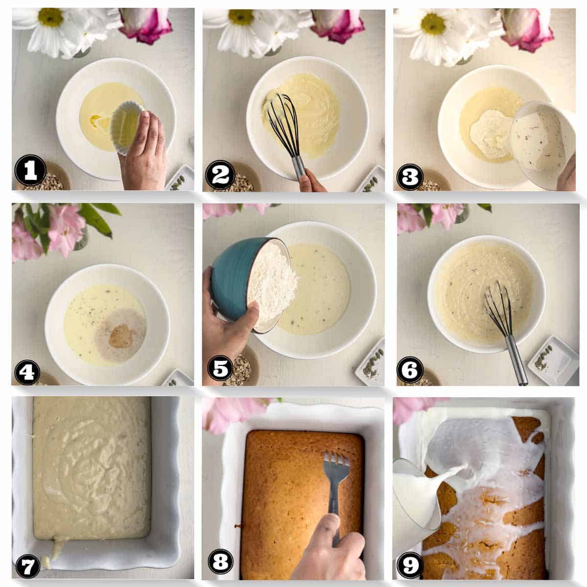 step by step process images of eggless ras malai flavored cake