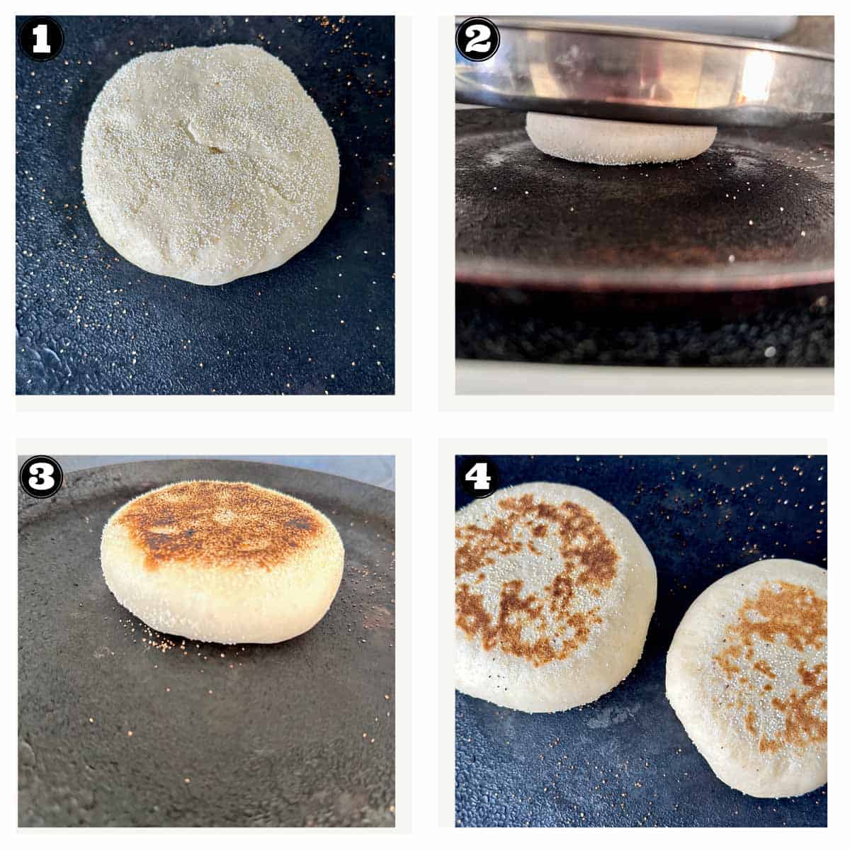 images of stovetop cooking of English muffins