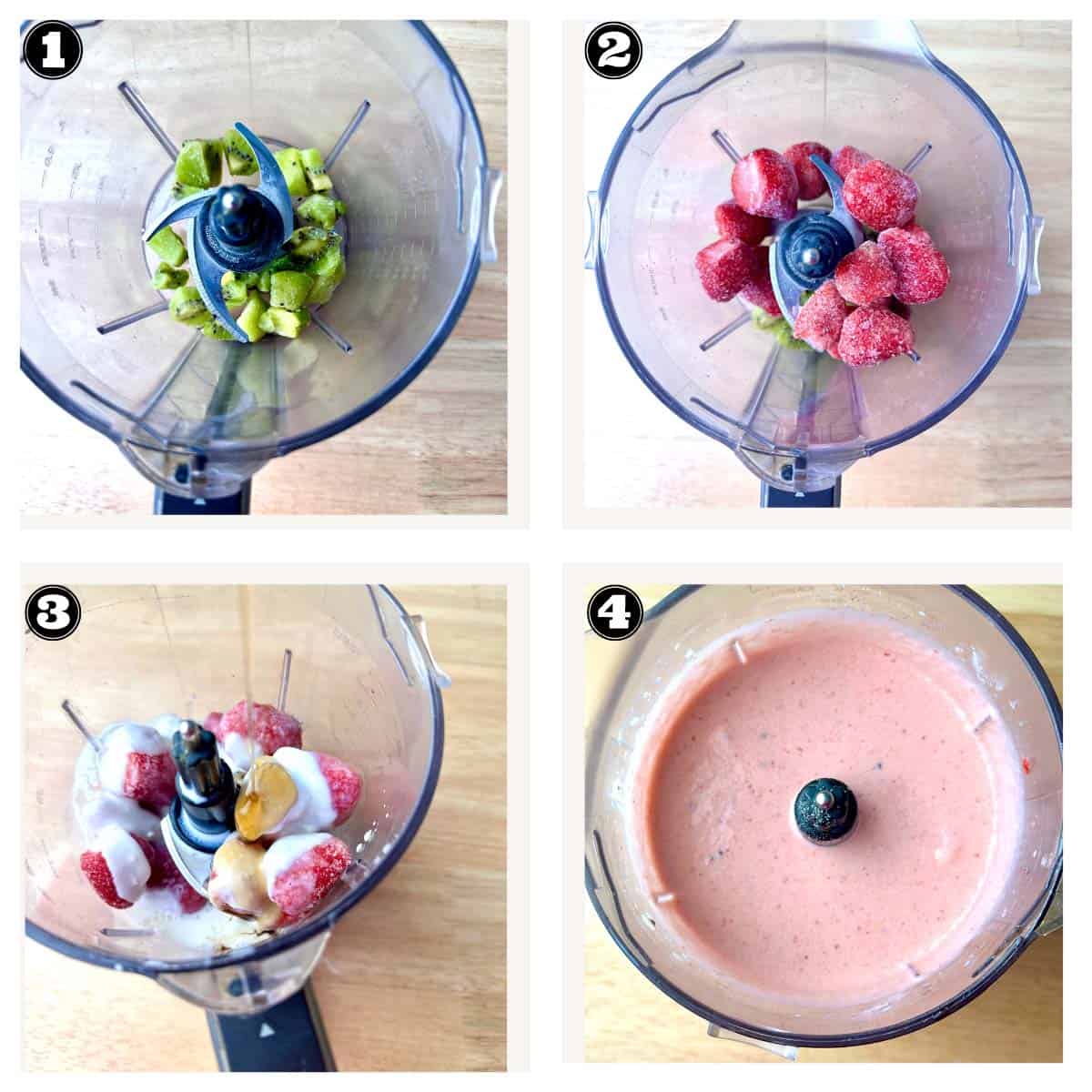 images showing the step-by-step process of making strawberry kiwi quencher smoothie