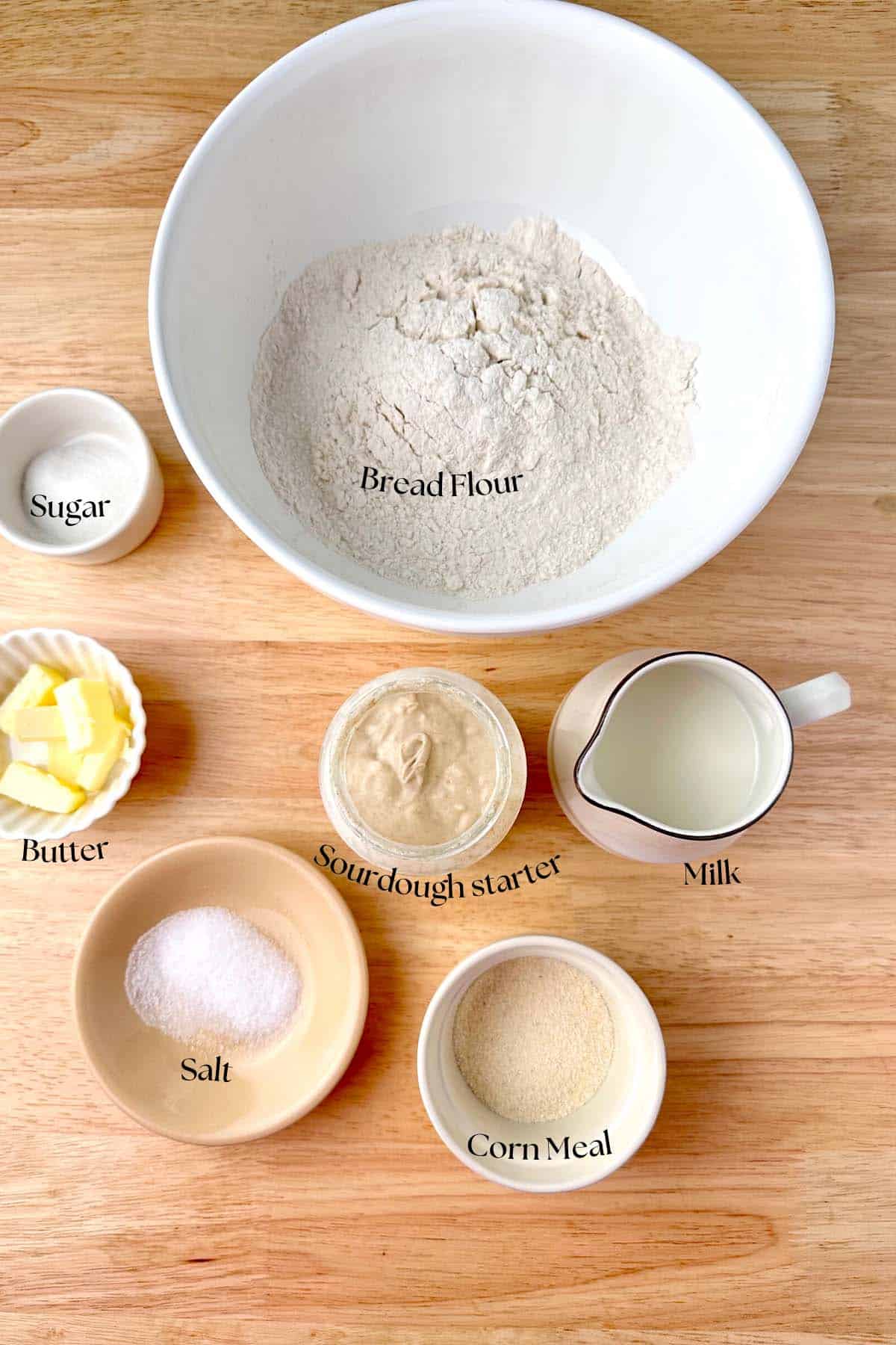 image of all the ingredients required to make the sourdough discard English muffins