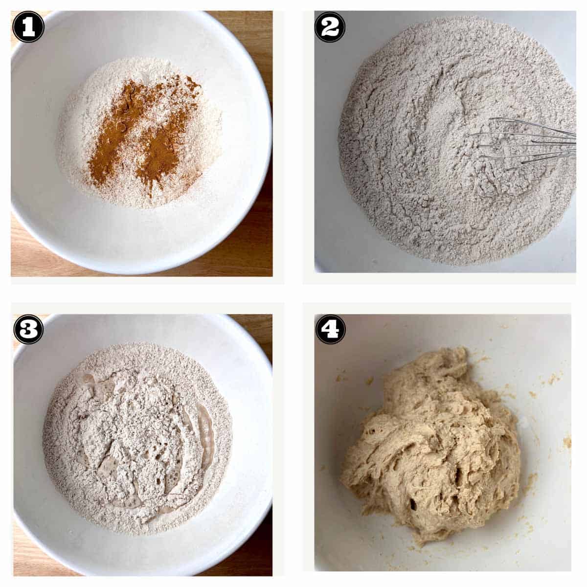 images showing steps for combining wet and dry ingredients making the dough