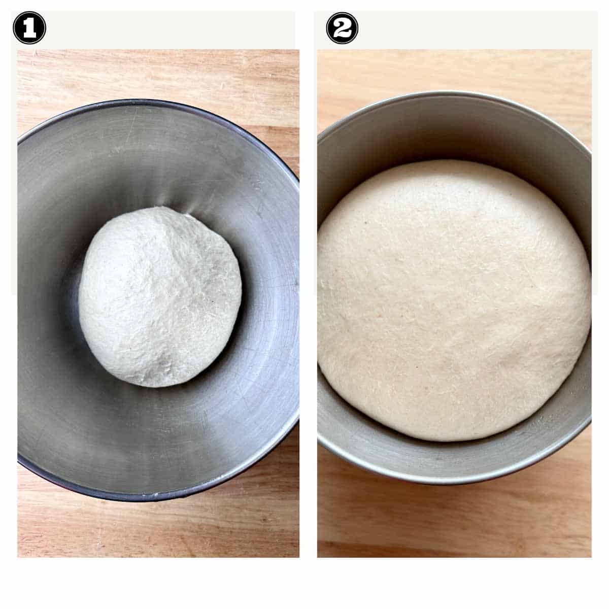 image showing stage of dough before and after bulk fermenting the dough