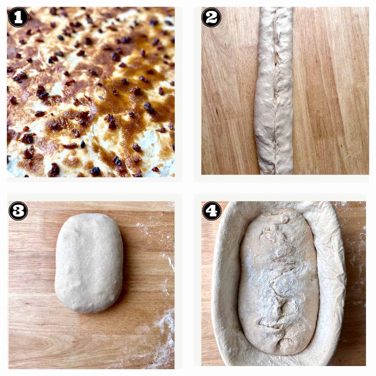 collage of images showing shaping the cinnamon raisin batard