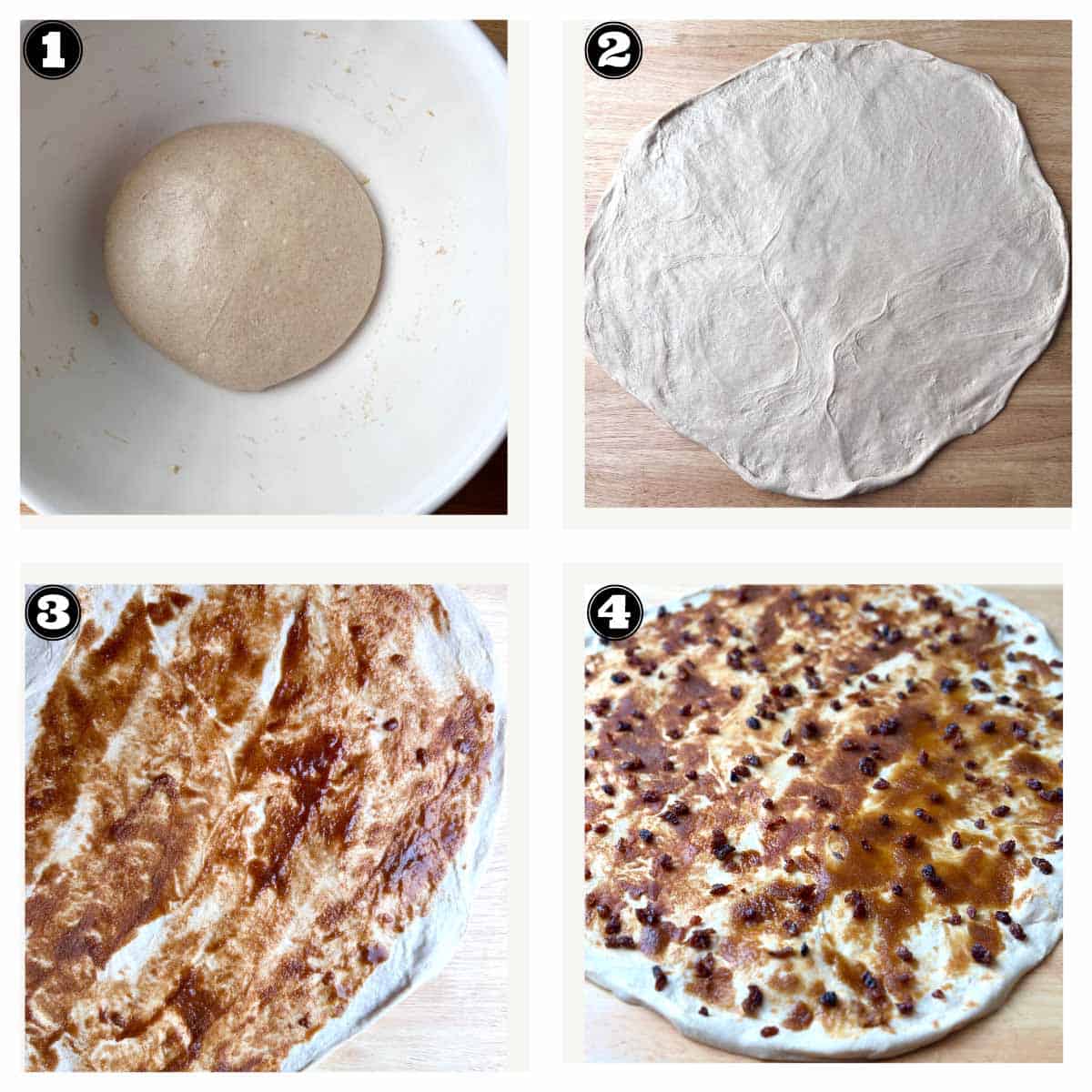 images of stages of spreading a layer of cinnamon sugar butter on the sough sheet