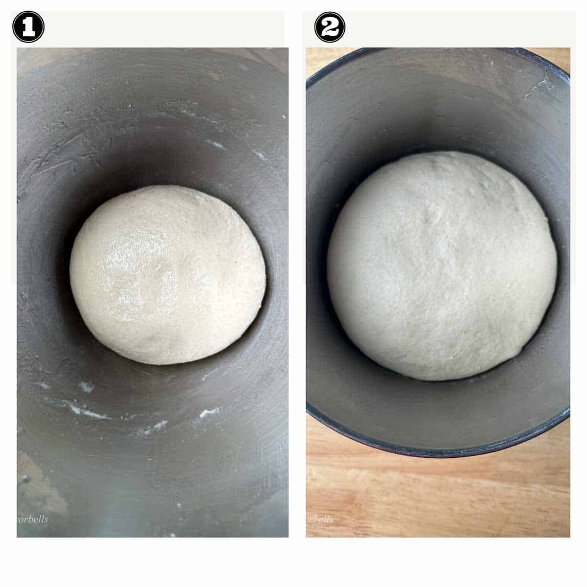 image showing dough before and after the completion of the bulk fermentation