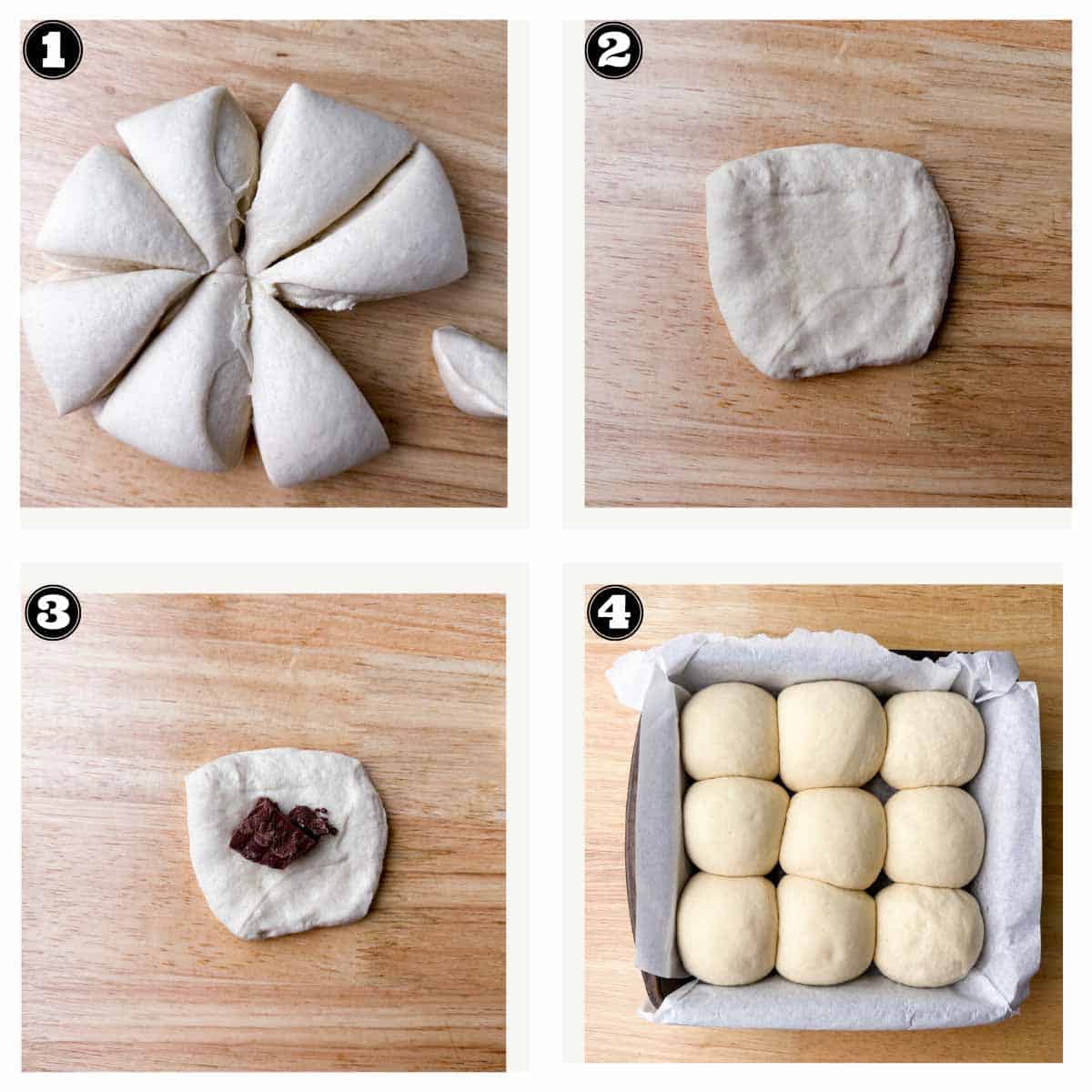 collage of images showcasing the shaping and proofing of the buns