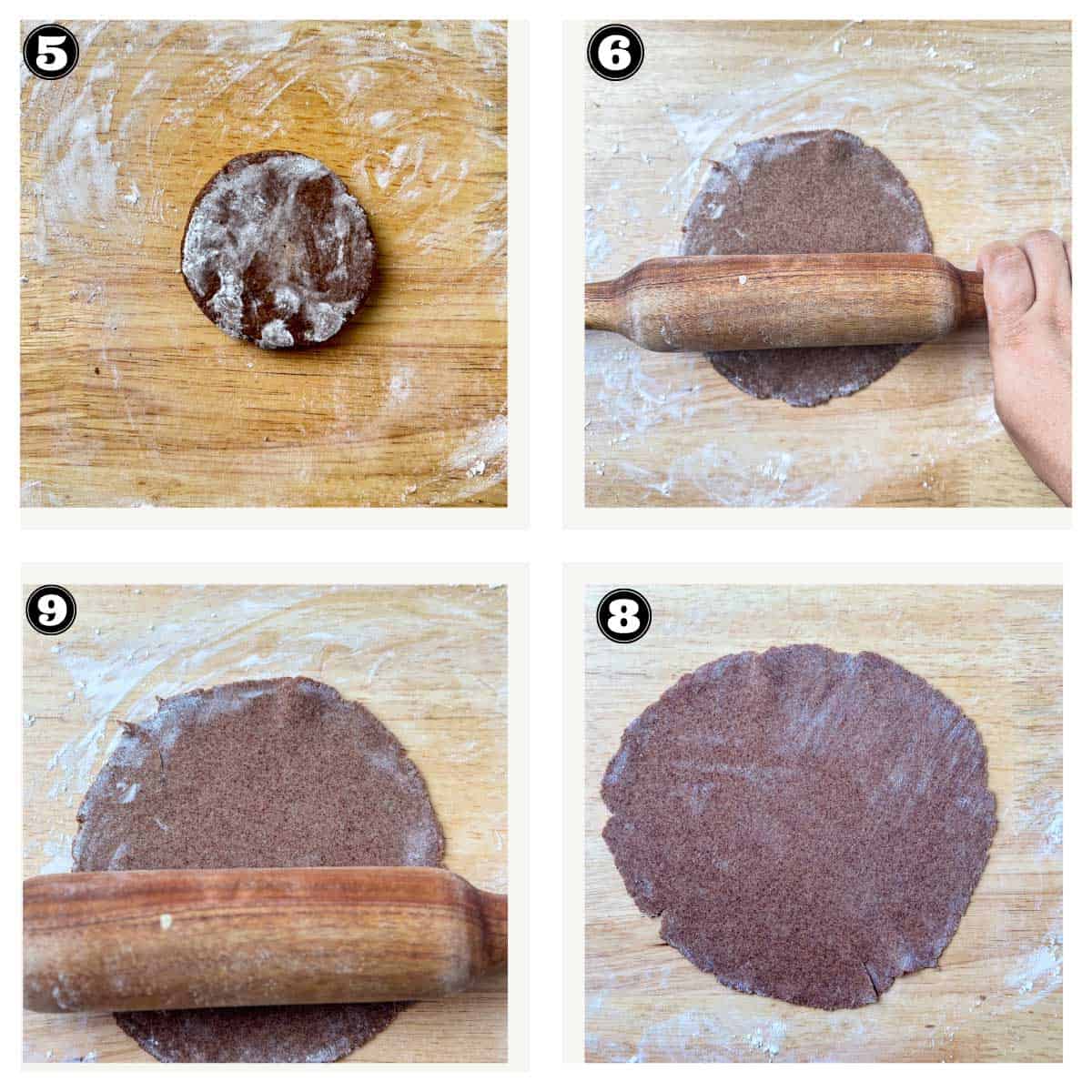 images showing steps involved in rolling the nachni roti using a rolling pin