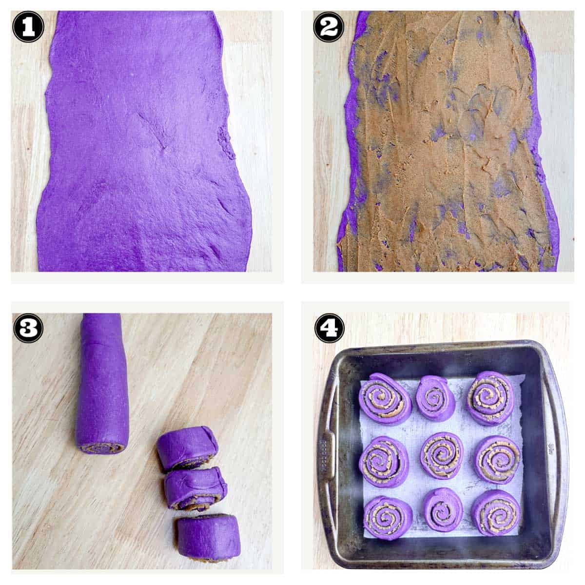 images of rolling the dough and spreading cinnamon sugar on ube dough