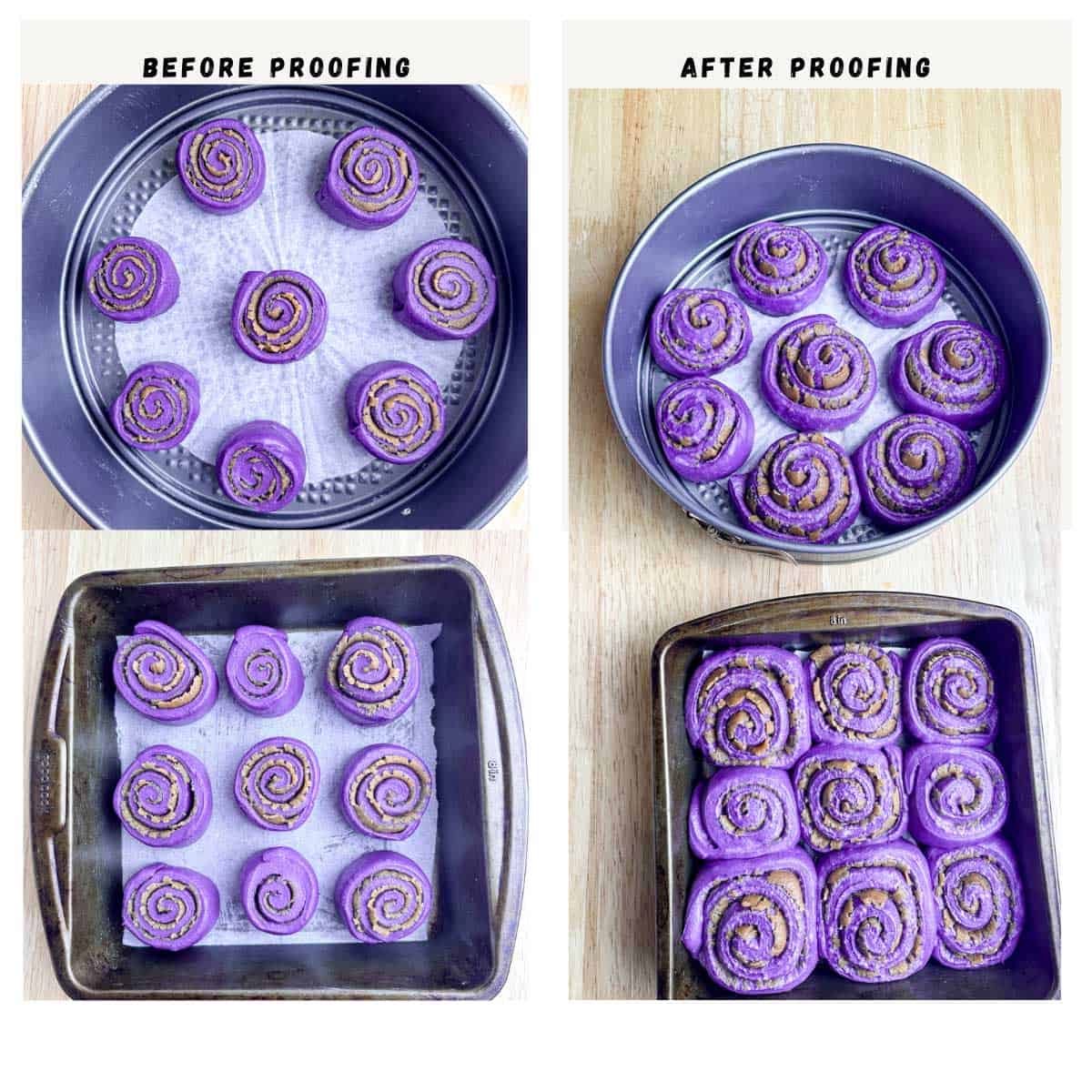 showing before and after images of proofing the cinnamon rolls