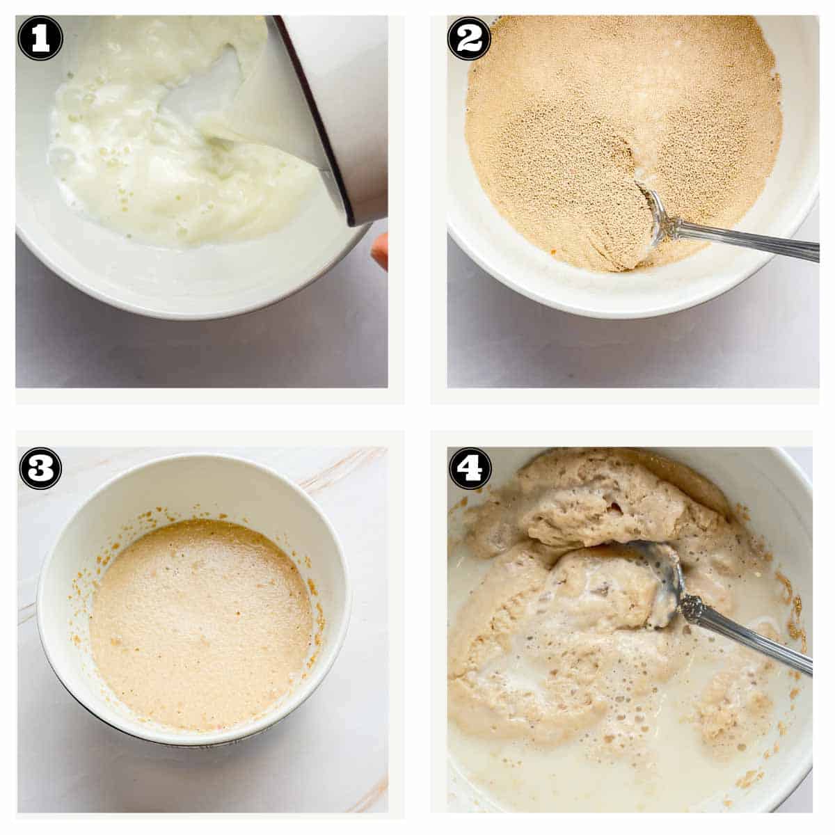 collage of images showing steps involved in  blooming the yeast