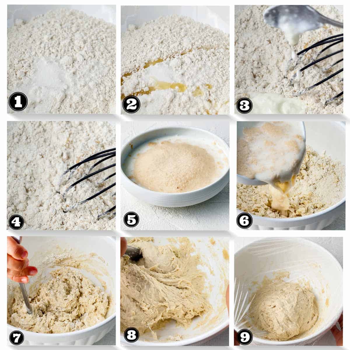 9 images made into a collage that shows the step by step images of making dough fro naan