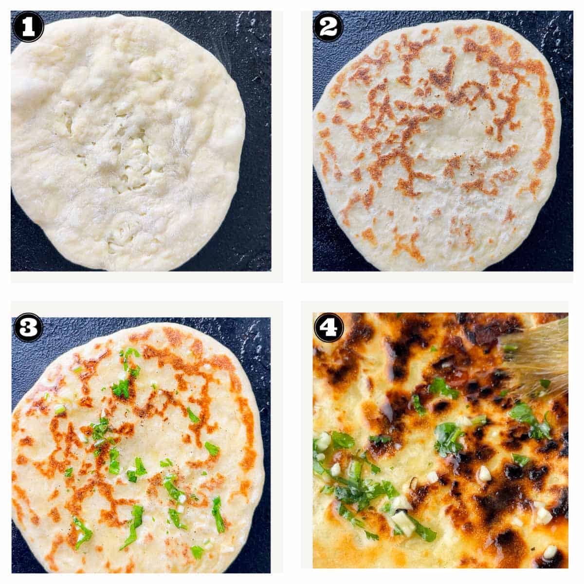 unlike traditional ways we are cooking the naan on skillet. These images shows process of cooking naan bread