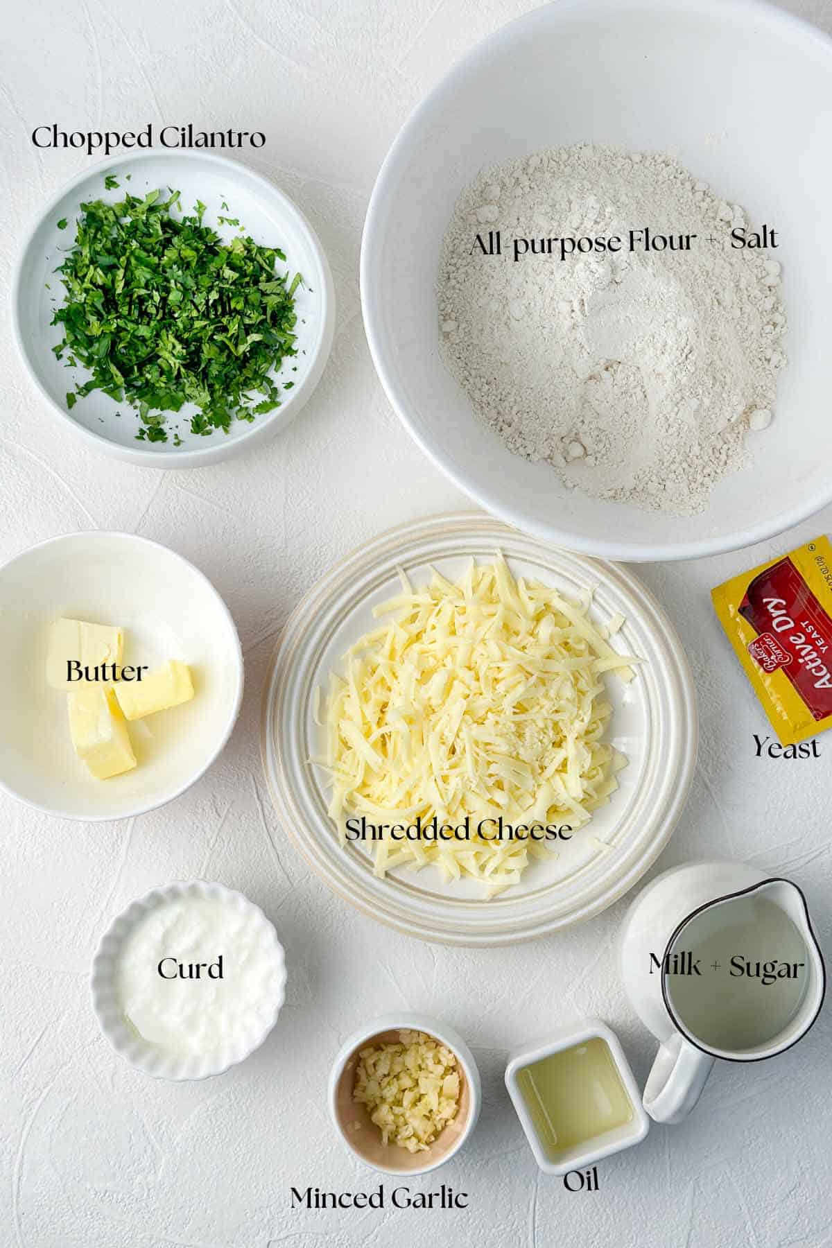 image showing all the ingredients required for making the cheese stuffed naan