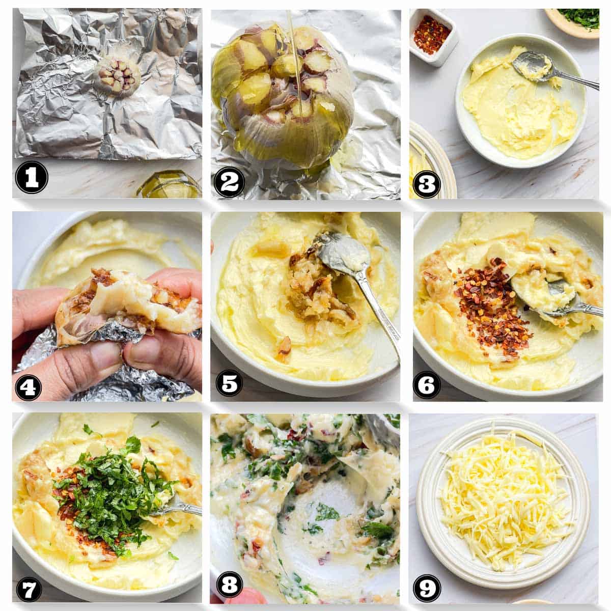 a gallery of images showing steps involved in making cheesy and spicy garlic butter