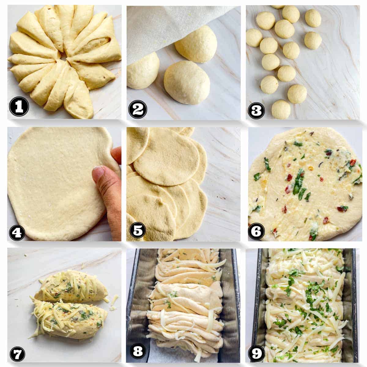 steps involved in shaping cheesy garlic bread loaf