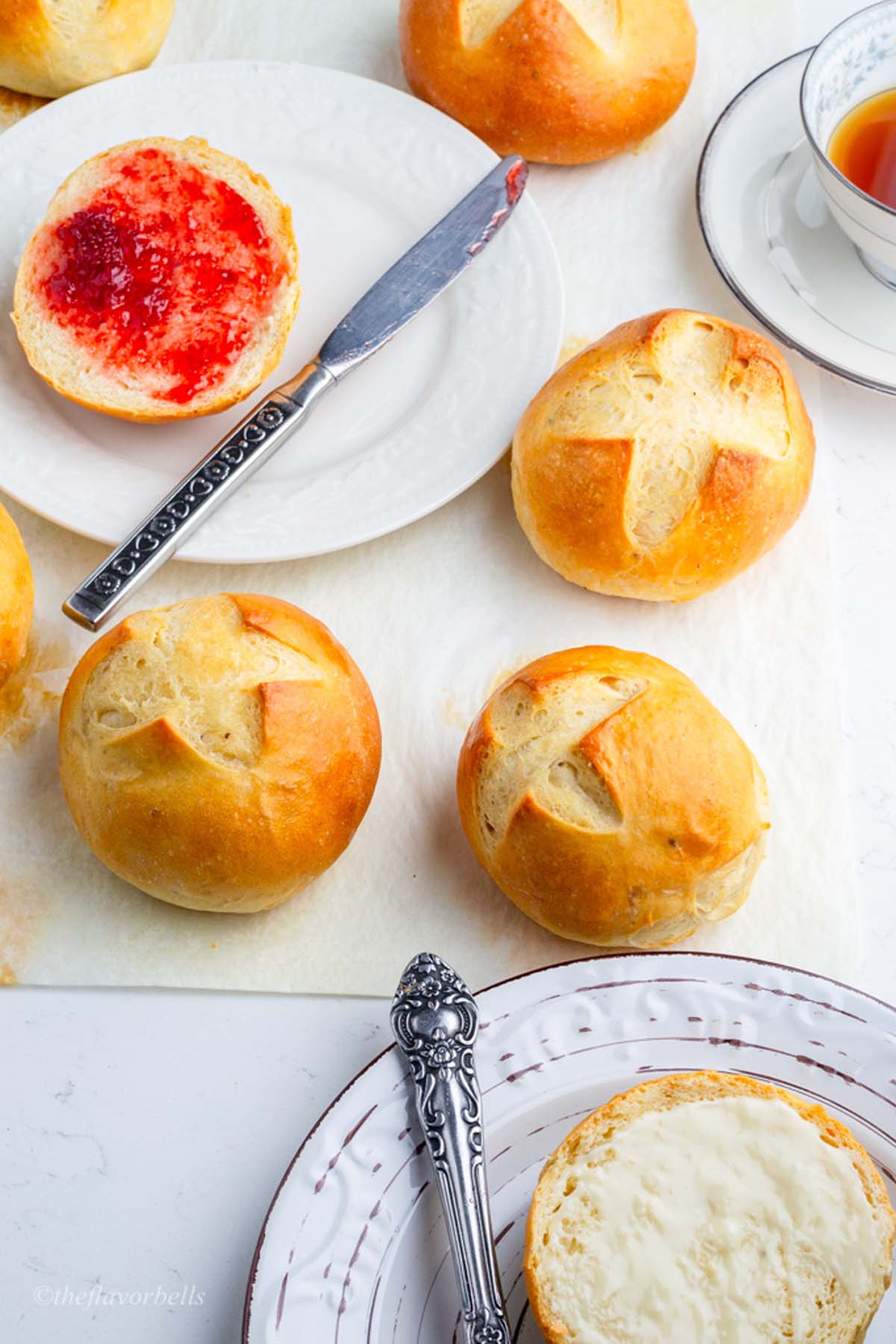 whole and sliced sweet breakfast buns in one shot.