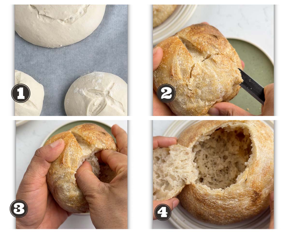 gallery of images showing baking and making the bread bowl