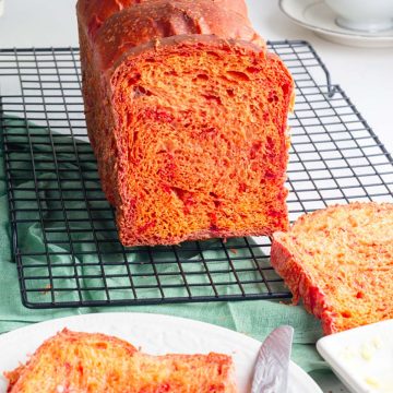 beet root bread sliced to show the cross section and crumbs