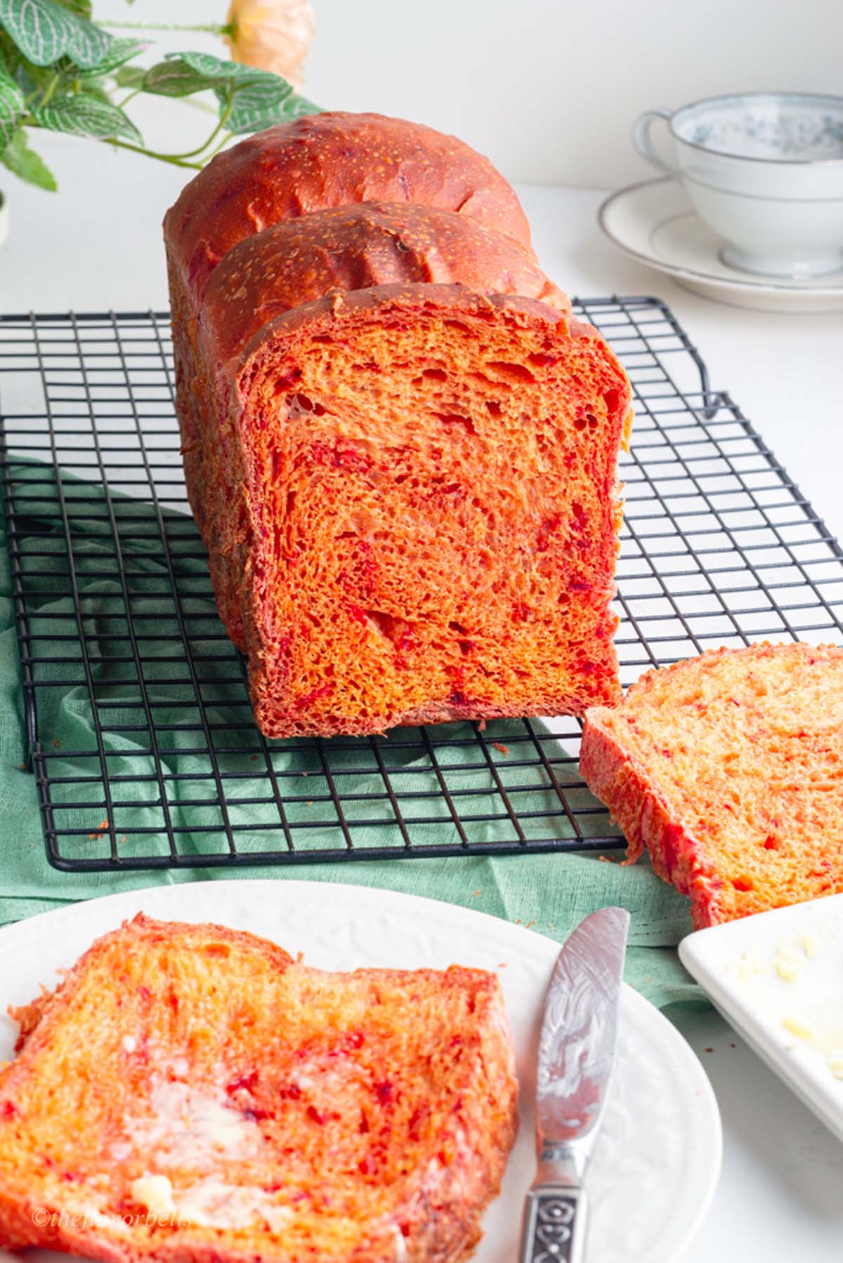 beet root bread sliced to show the cross section and crumbs