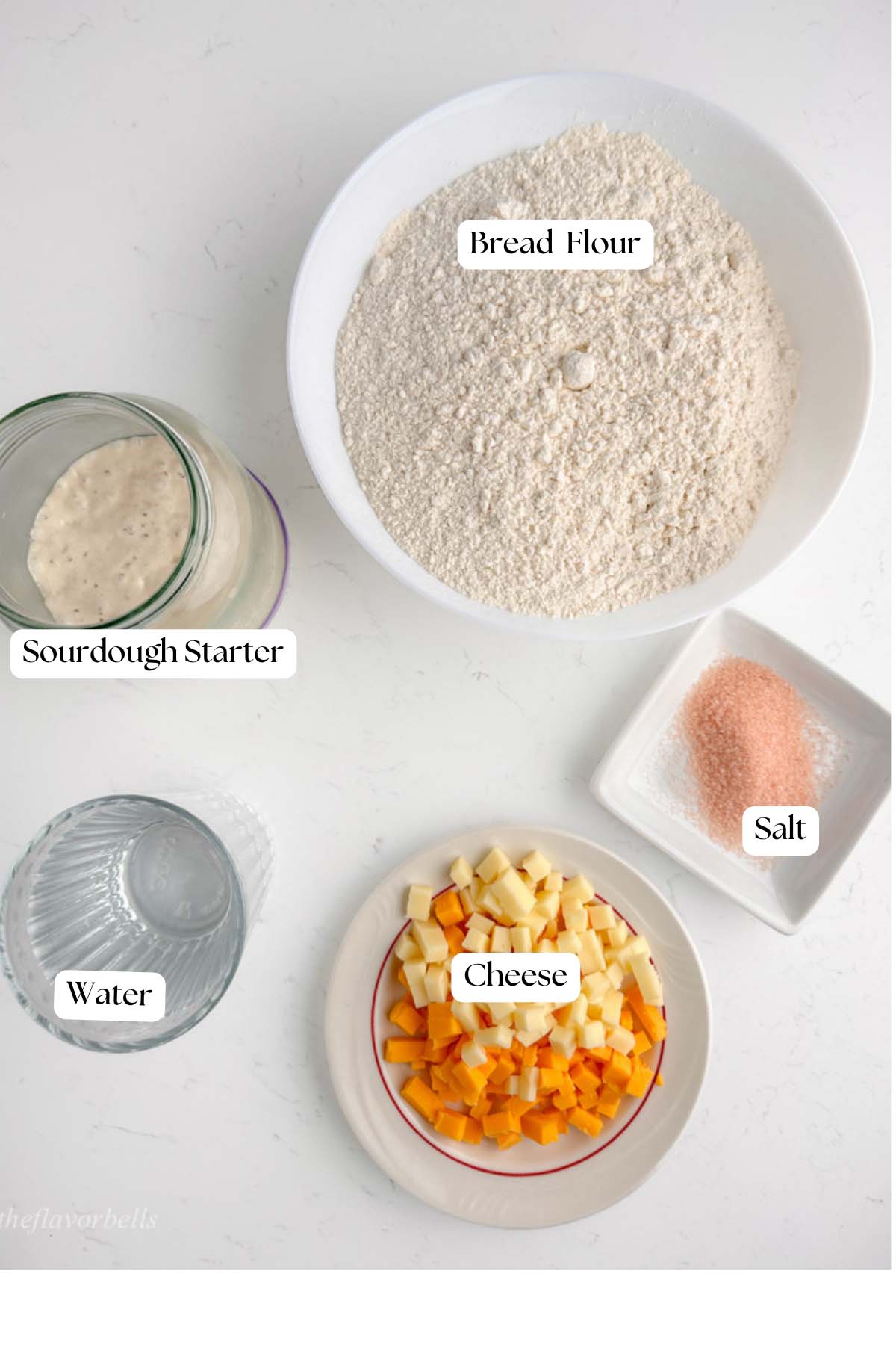 image of all the ingredients required for making cheesy sourdough bread
