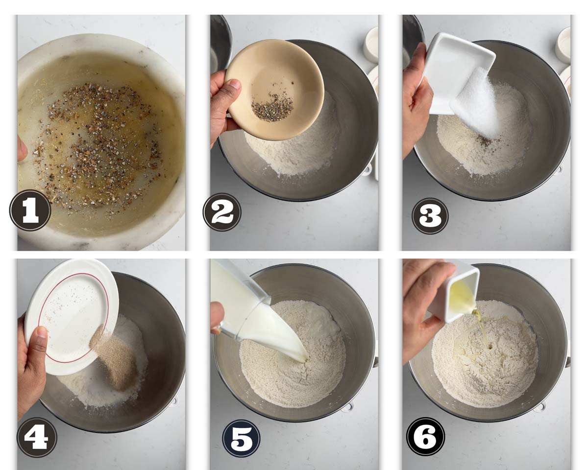 images showing steps involved in combining ingredients for making the dough