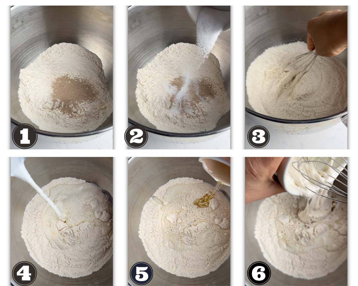 gallery of images showing steps involved in combining all the ingredients for making the dough