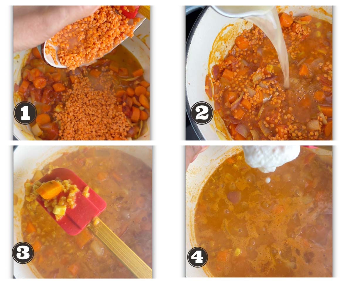 images showing steps involved in making spiced carrot lentil soup
