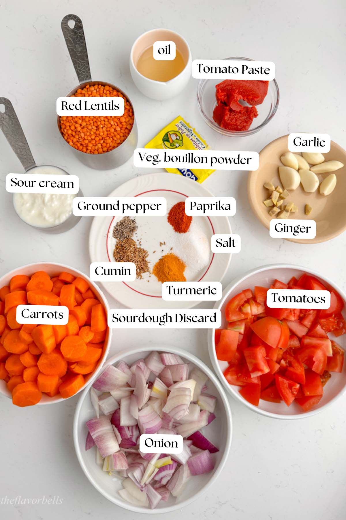 image of all the ingredients required for making the carrot and lentil soup