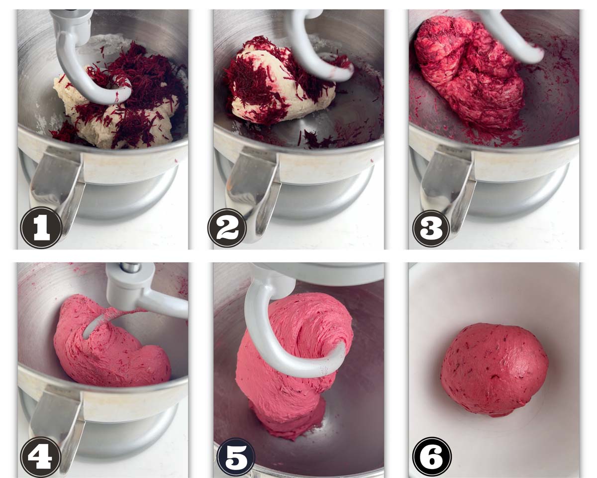 gallery of images showing stages of dough while kneading the grated beetroot into it