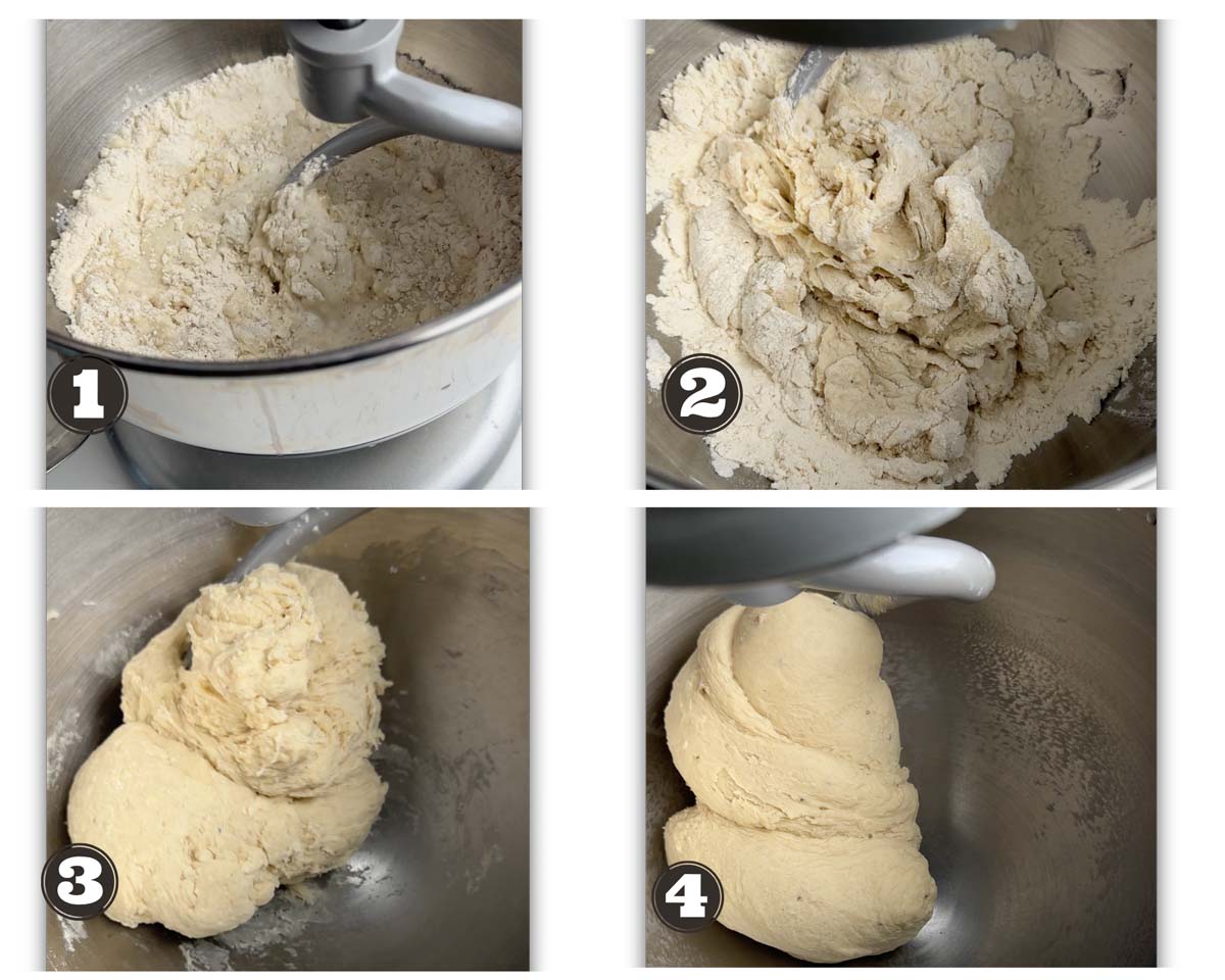 images showing stages of kneading the dough for breakfast buns