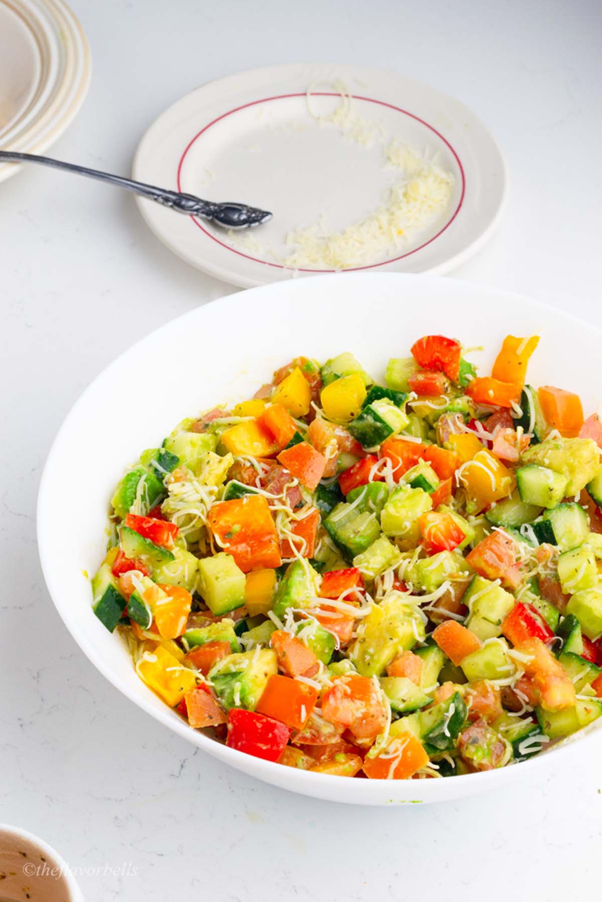 avocado, cucumber, tomato, and sweet pepper rainbow salad