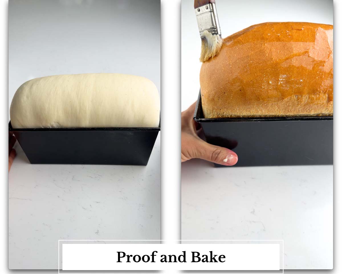 two images showing bread after proofing and after baking
