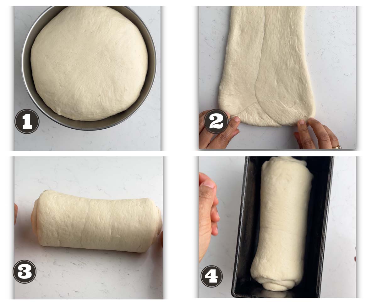 gallery of images showing steps involved in shaping of a sandwich bread