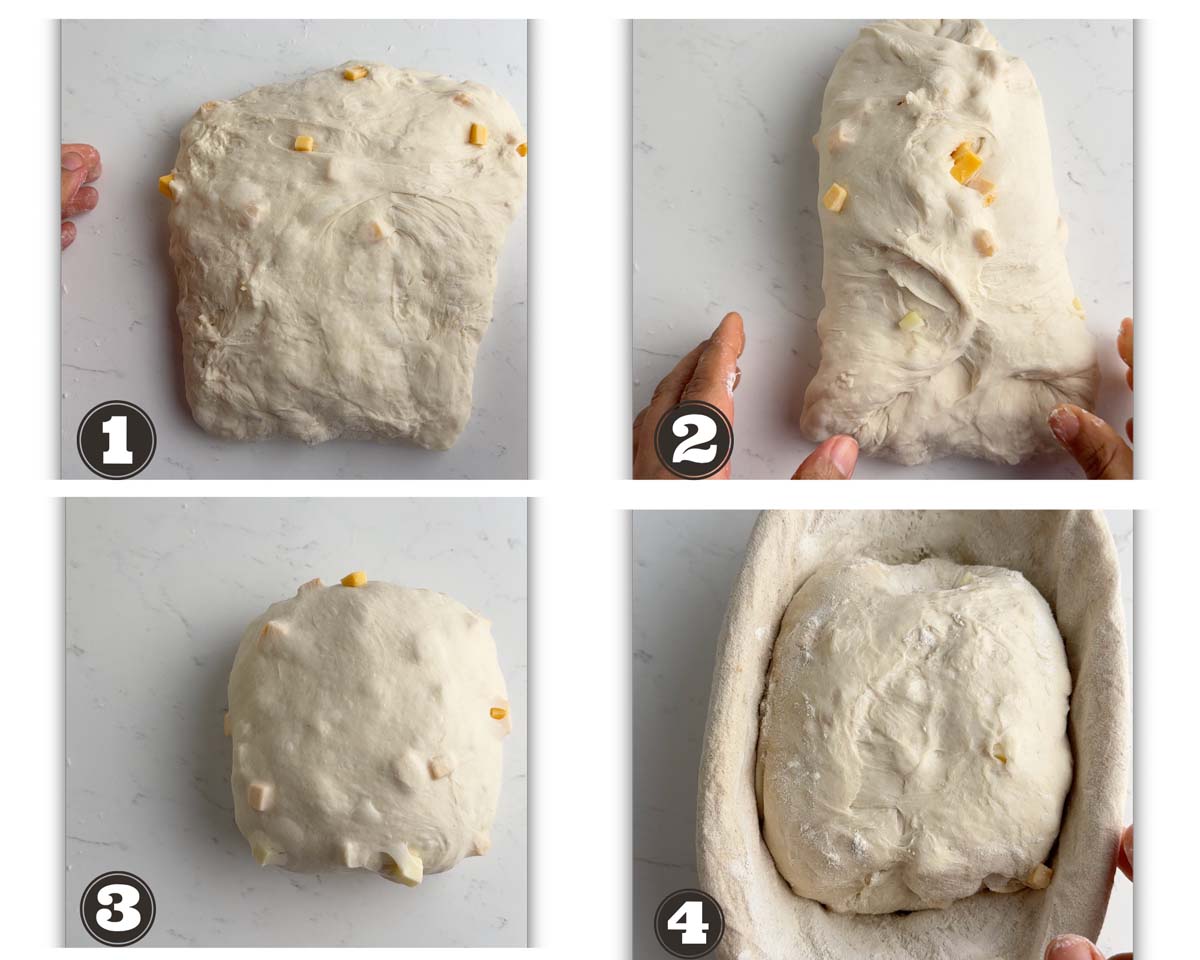 steps involved in shaping the cheesy sourdough bread