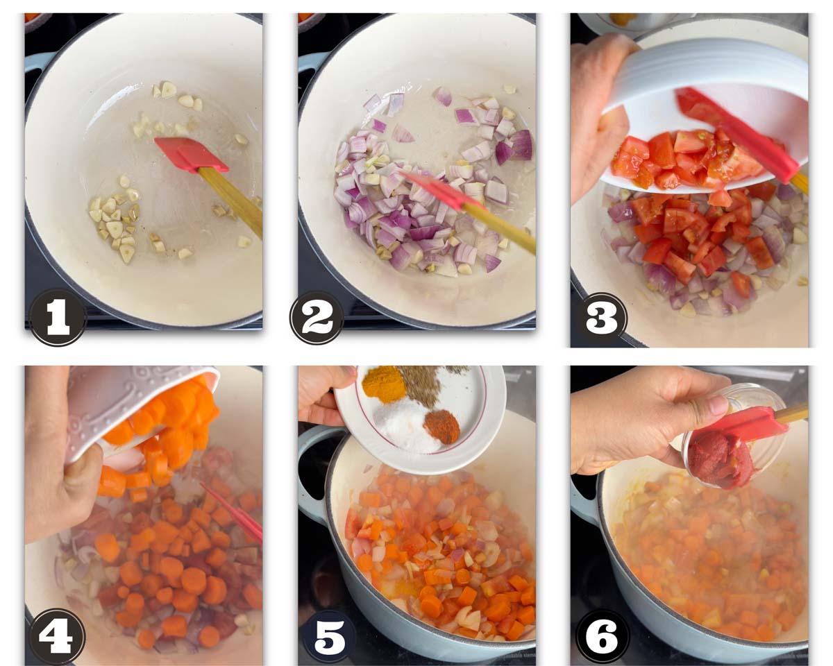 gallery of image showing steps fro making the red lentil soup with carrots in a dutch oven on stovetop.