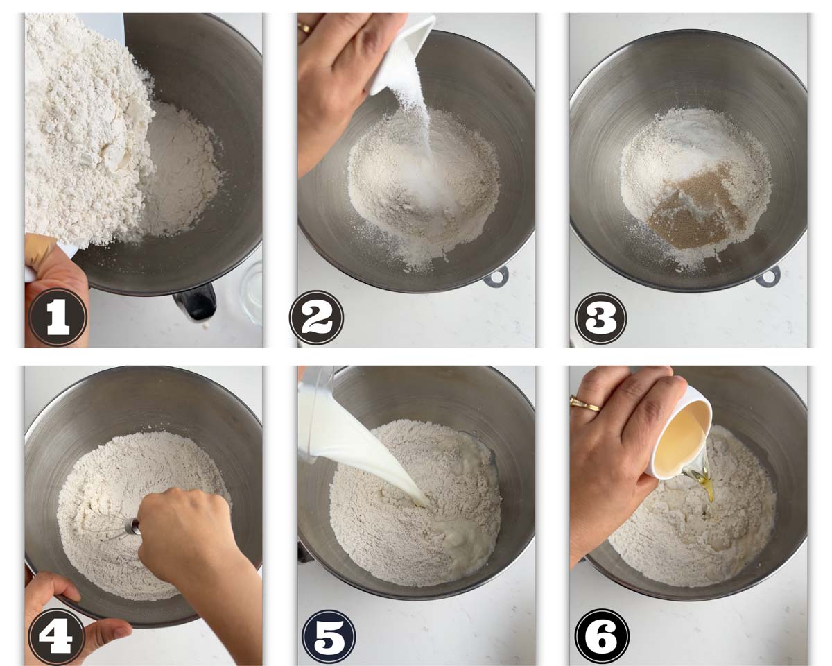 gallery of images showing steps involved in combining ingredients before kneading