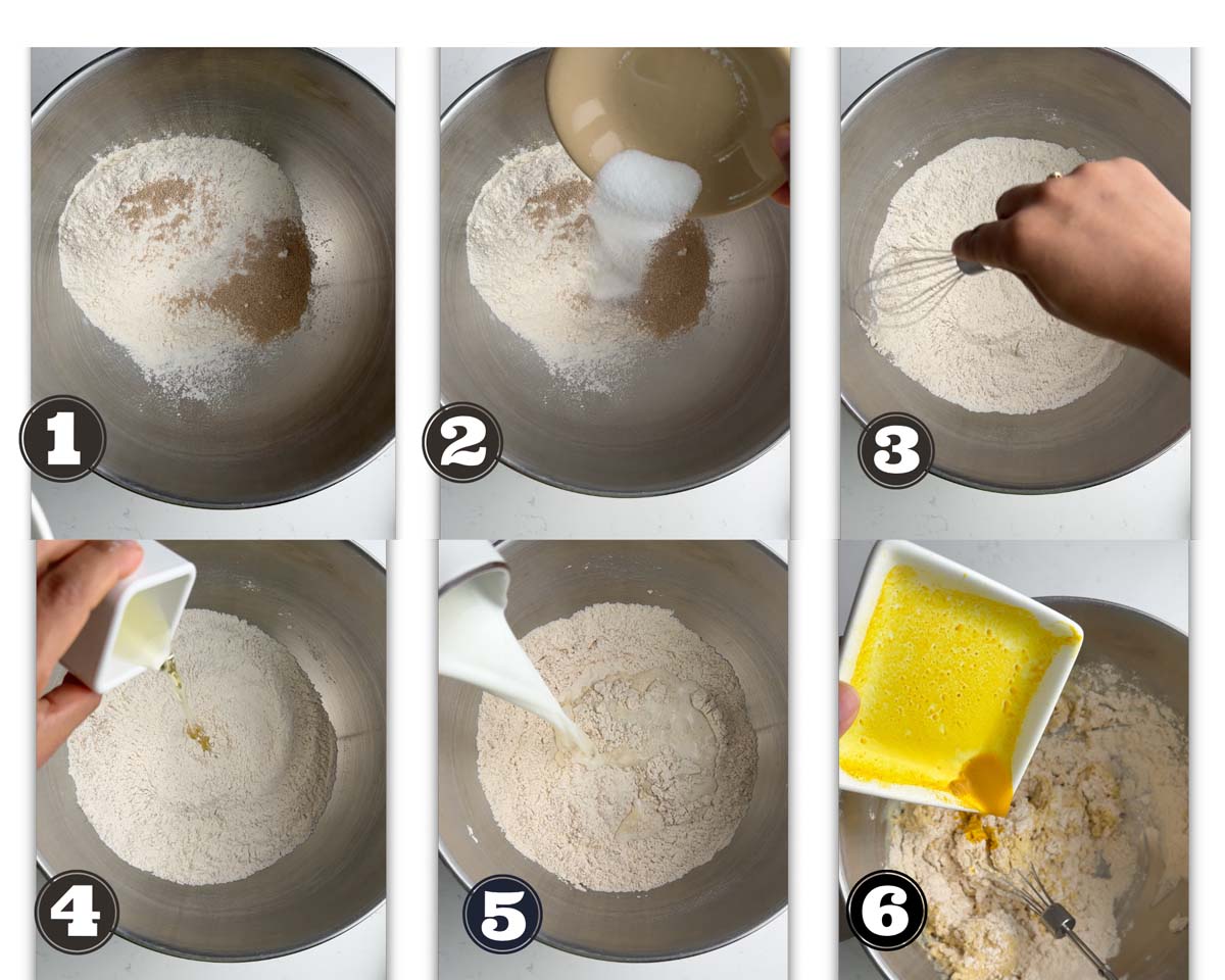 gallery of images showing steps of combining the ingredients for making the dough