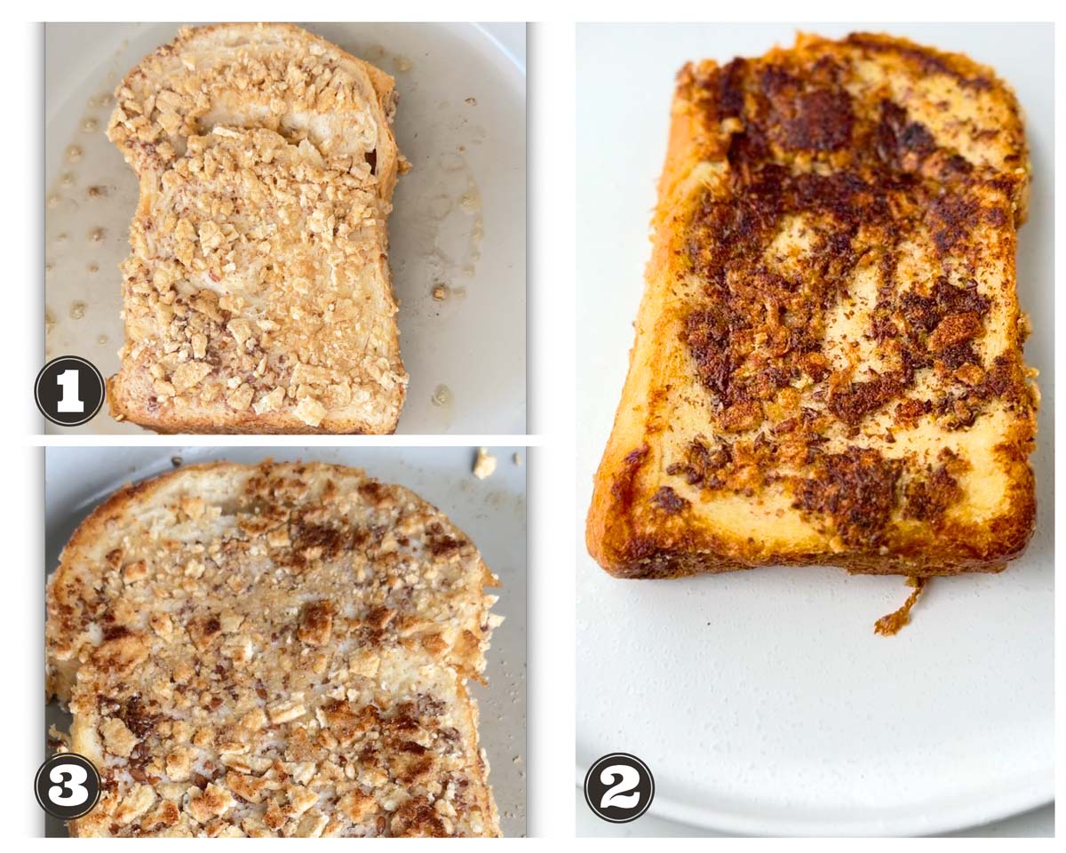 gallery of images showing steps of cooking the crunch french toast recipe
