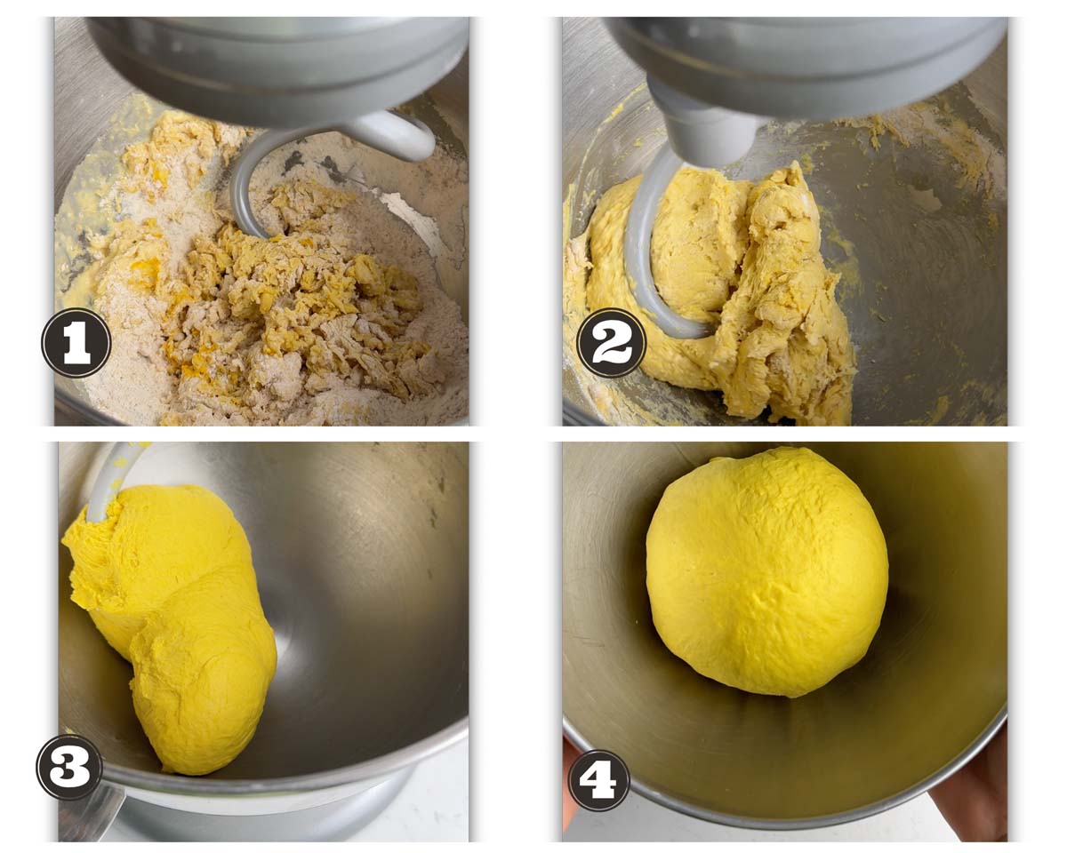 gallery of images showing stages of kneading the dough for the recipe