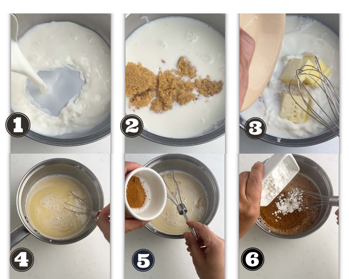 gallery of images showing steps involved in making custard for egg free bread pudding