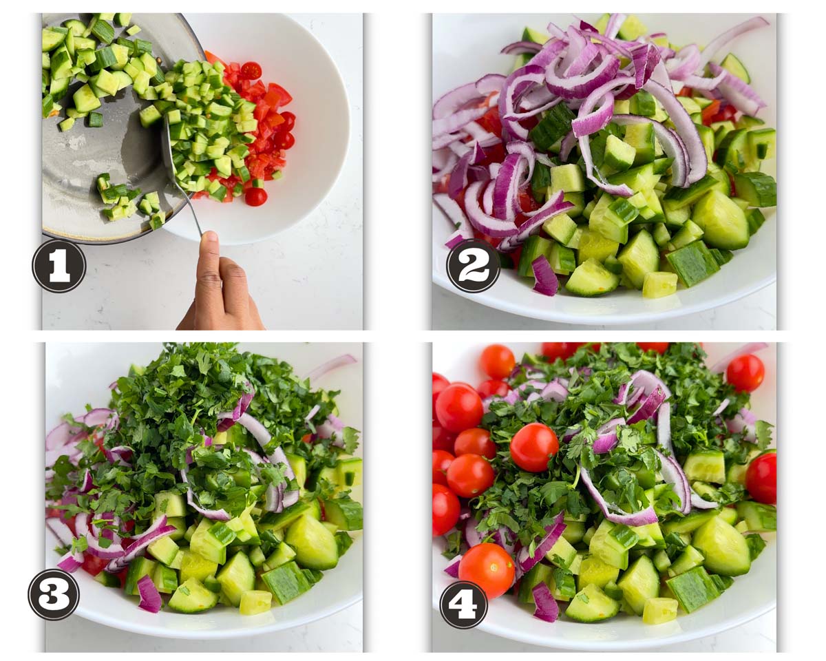 a gallery of images showing steps involved in chopping and assembling veggies