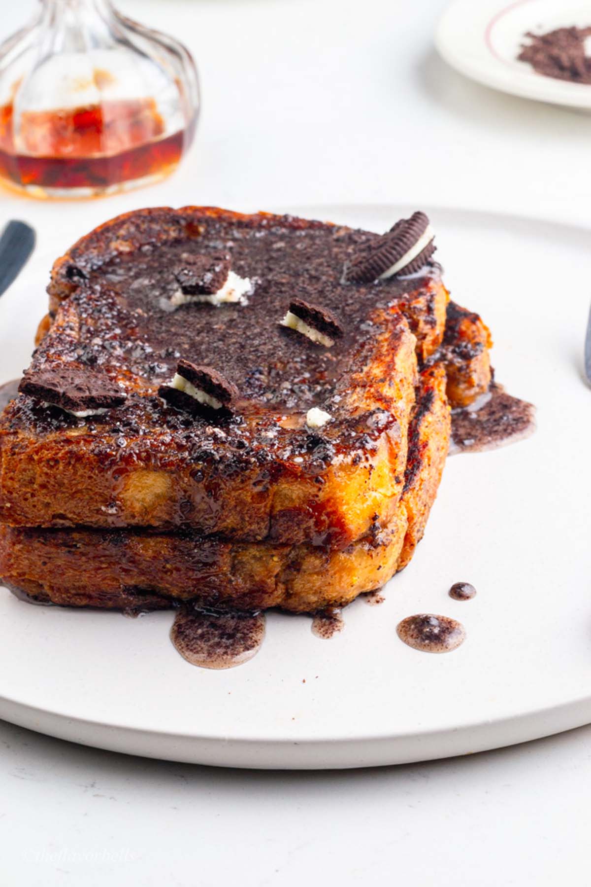 a close-up shot at the Oreo stuffed french toast topped with Oreo pieces