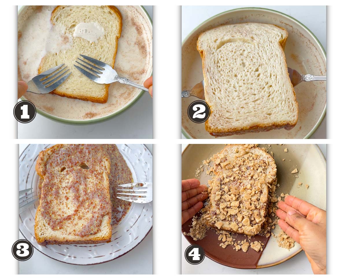 steps showing soaking and coating bread