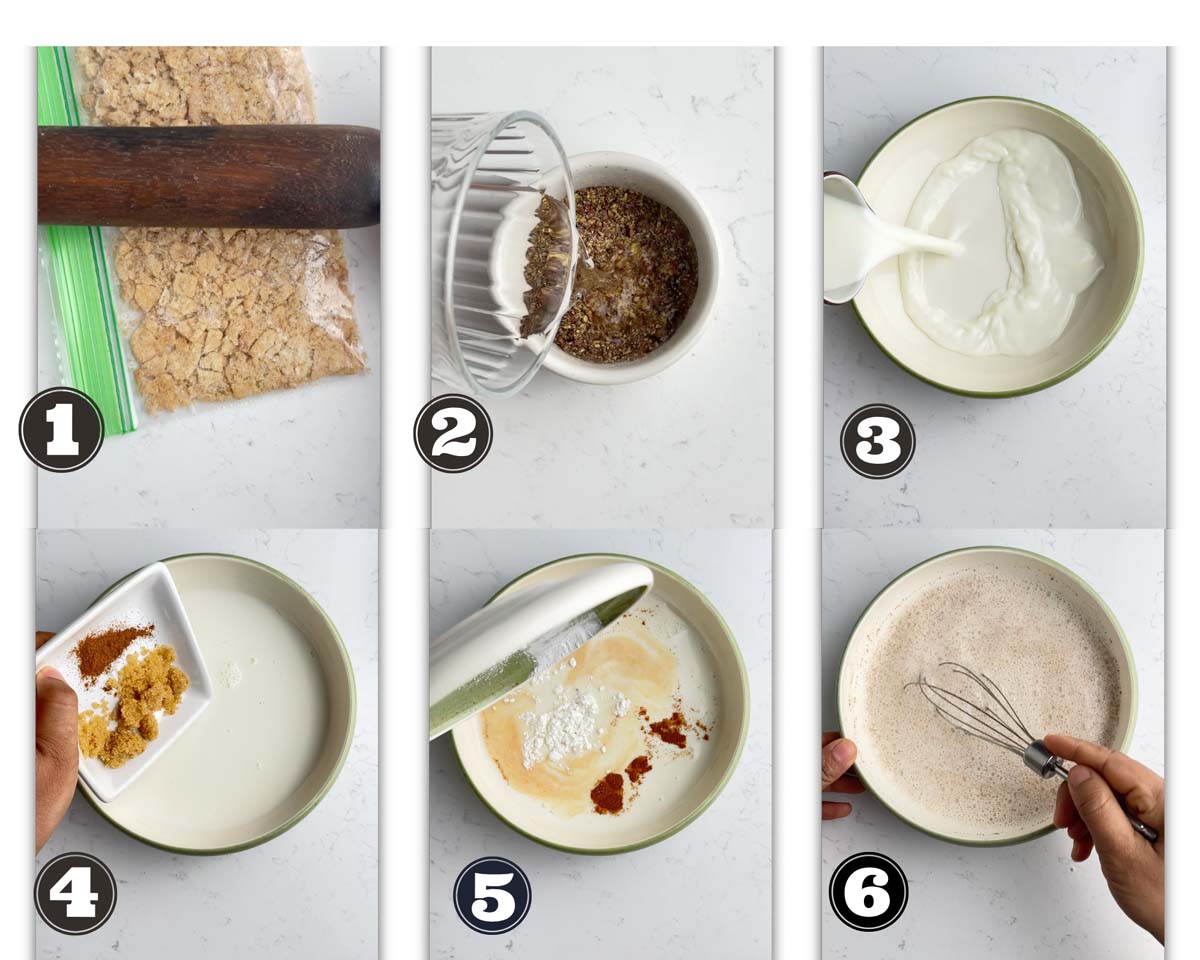 gallery of images showing steps of making egg free custard mixture