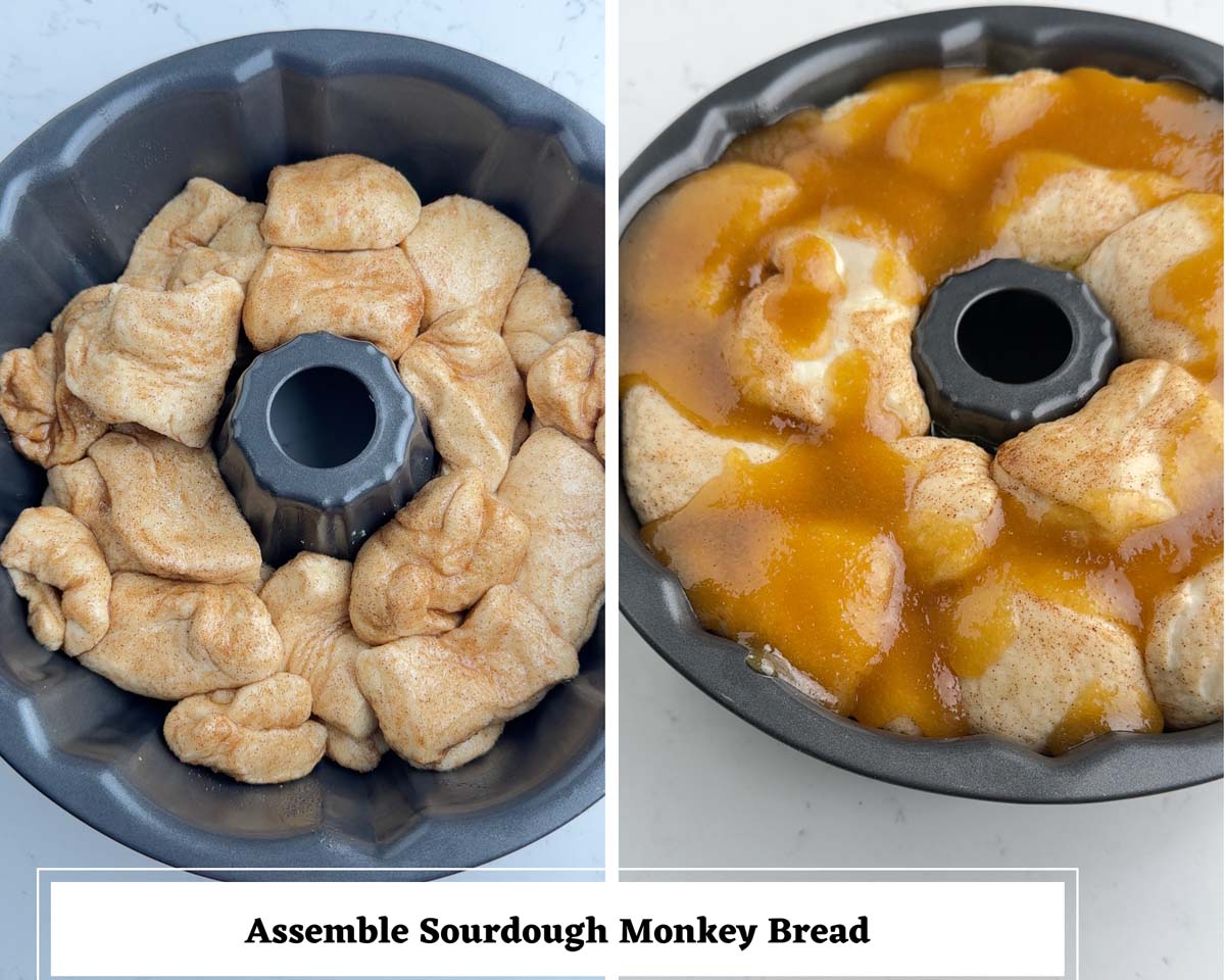 two images showing assembling monkey bread in a fluted bundt cake pan