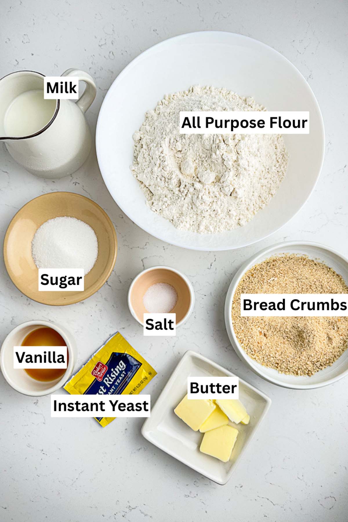 image of all the ingredients required for making egg free Filipino buns recipe