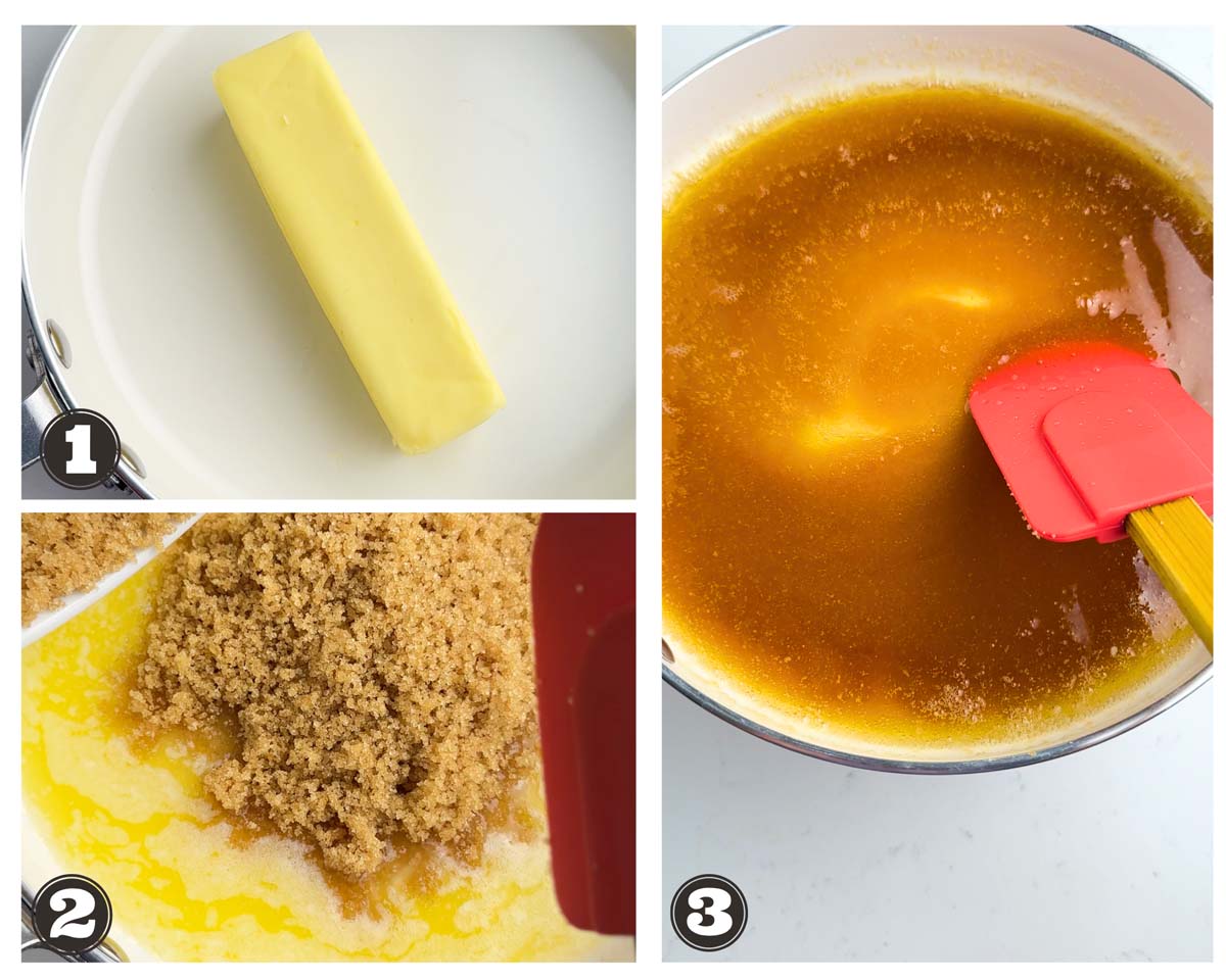 gallery of images depicting butter and brown sugar syrup making