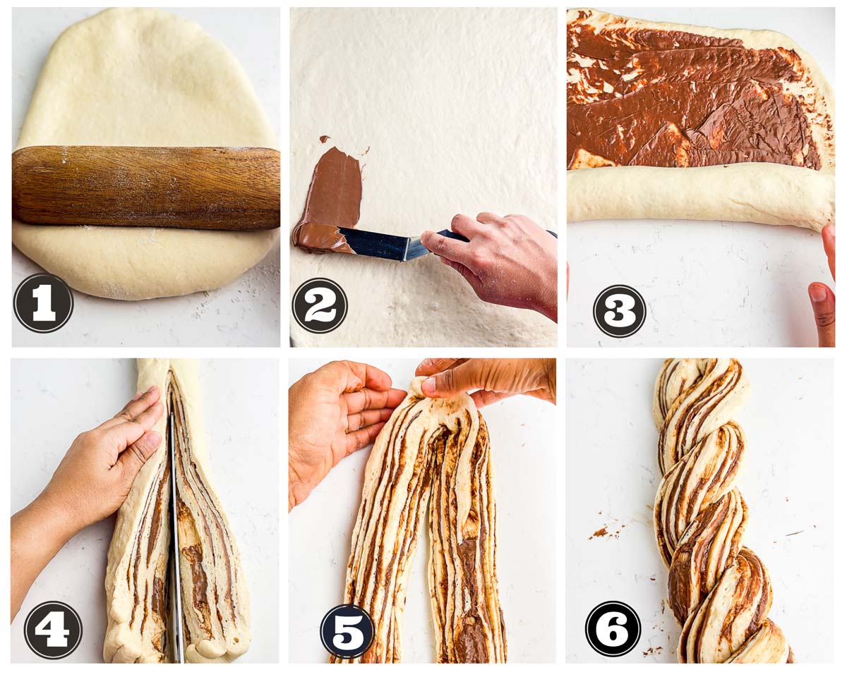 gallery of images showing steps of shaping the nutella babka