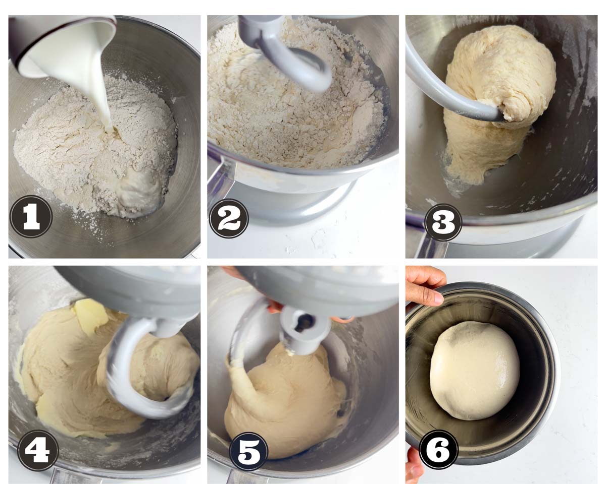 gallery of images showing dough making process in a stand mixer