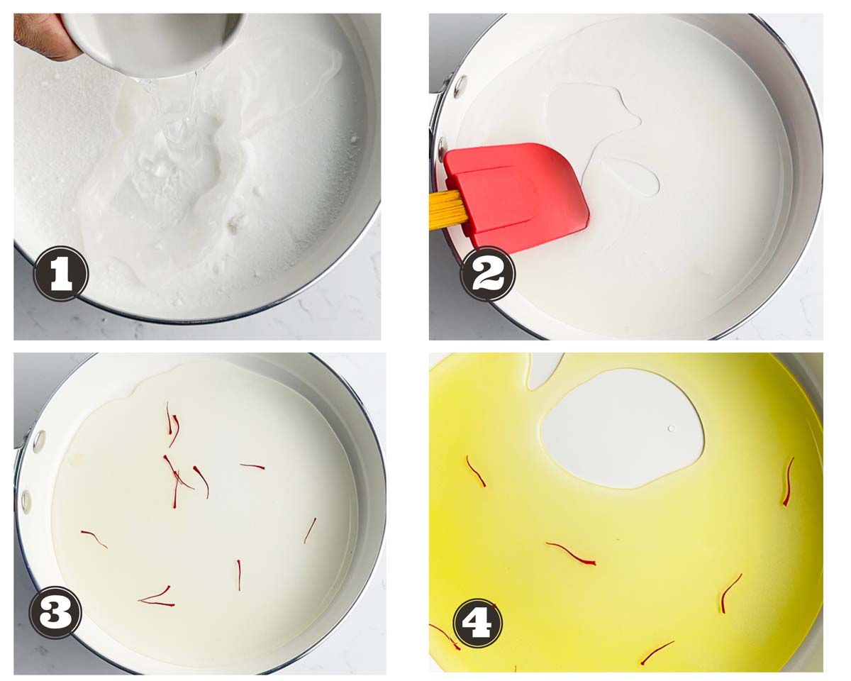 gallery of images showing steps of making saffron syrup